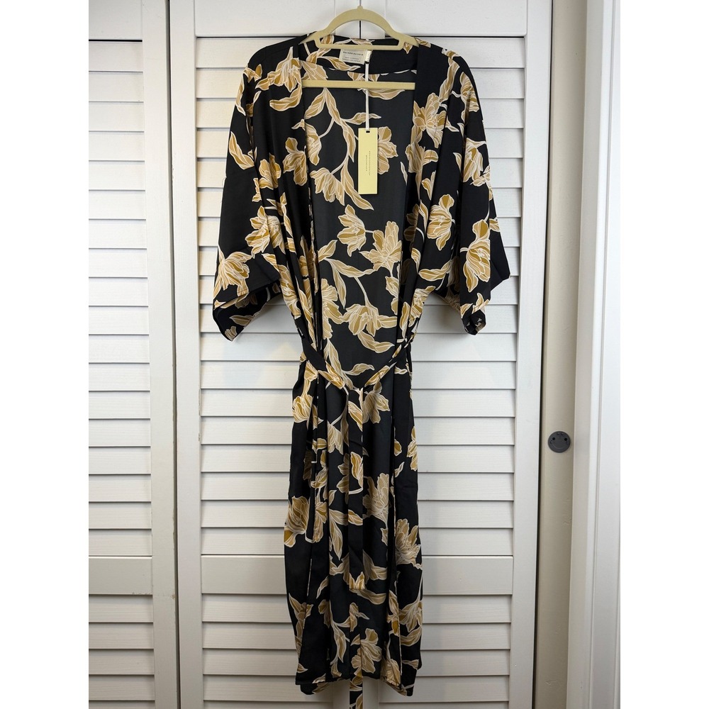 Maison Du Soir Robe L/XL Black Gold Floral Kimono Duster NEW